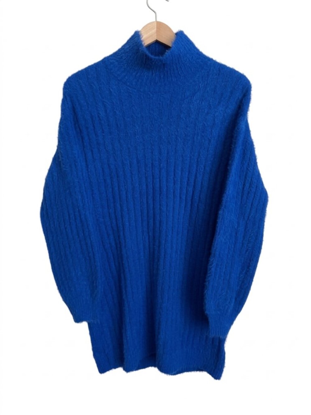 Fuzzy Ribbed Turtleneck Sweater Dress M Cobalt Blue Anthropologie Flat White